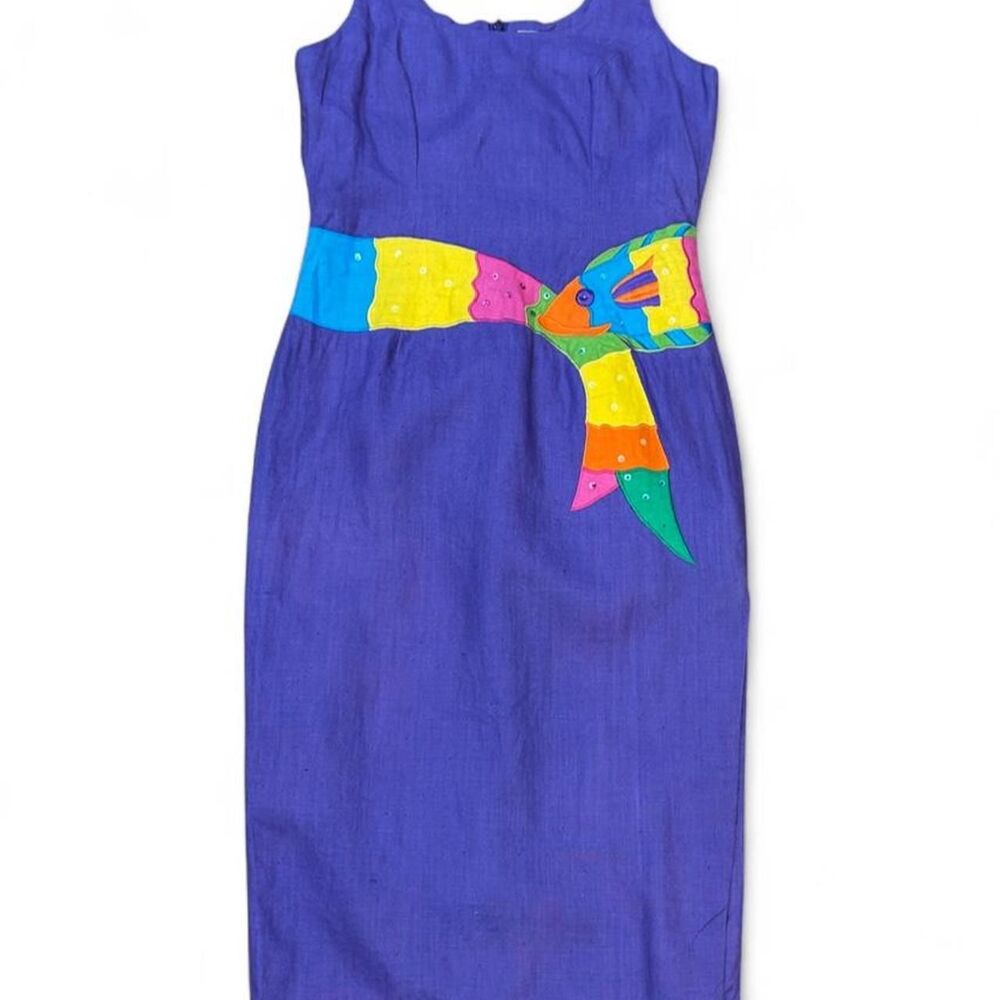 Fabulous True Vintage 100% Linen Midi Dress with sequin fish detail